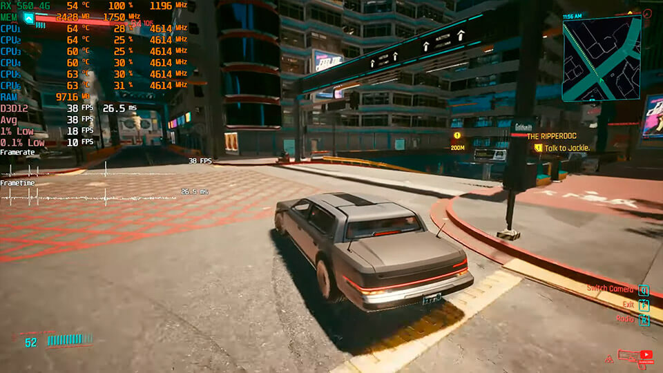 Cyberpunk 2077 RX 560 4GB v razreshenijah 1080p, 900p i 720p