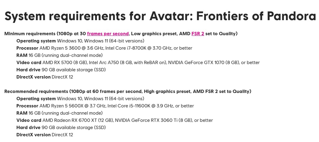 Avatar Frontiers of Pandora sistemnye trebovanija